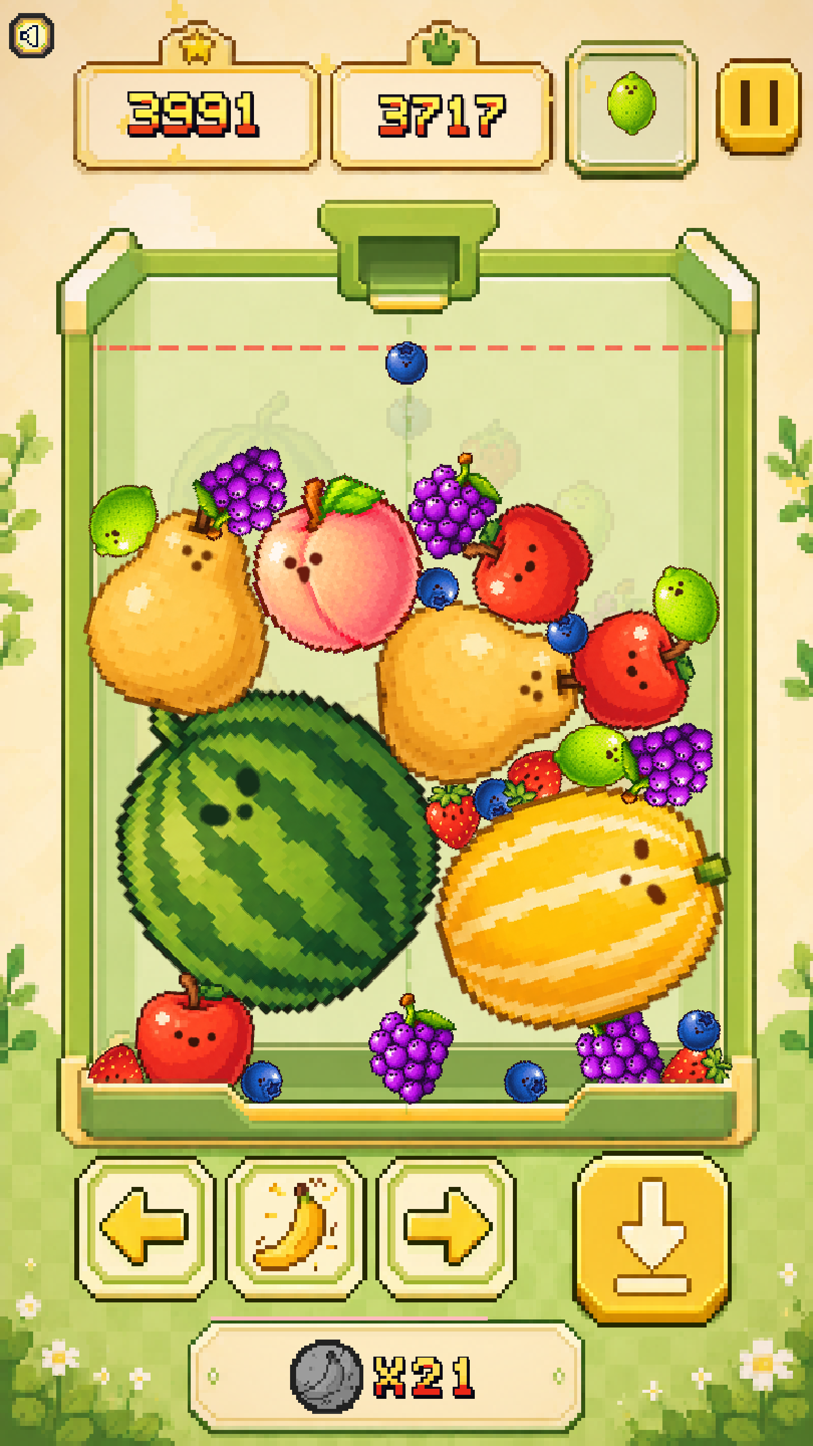 A 3,717-point Banana Game board with a watermelon on the left, a Korean melon on the right, and smaller fruit above them