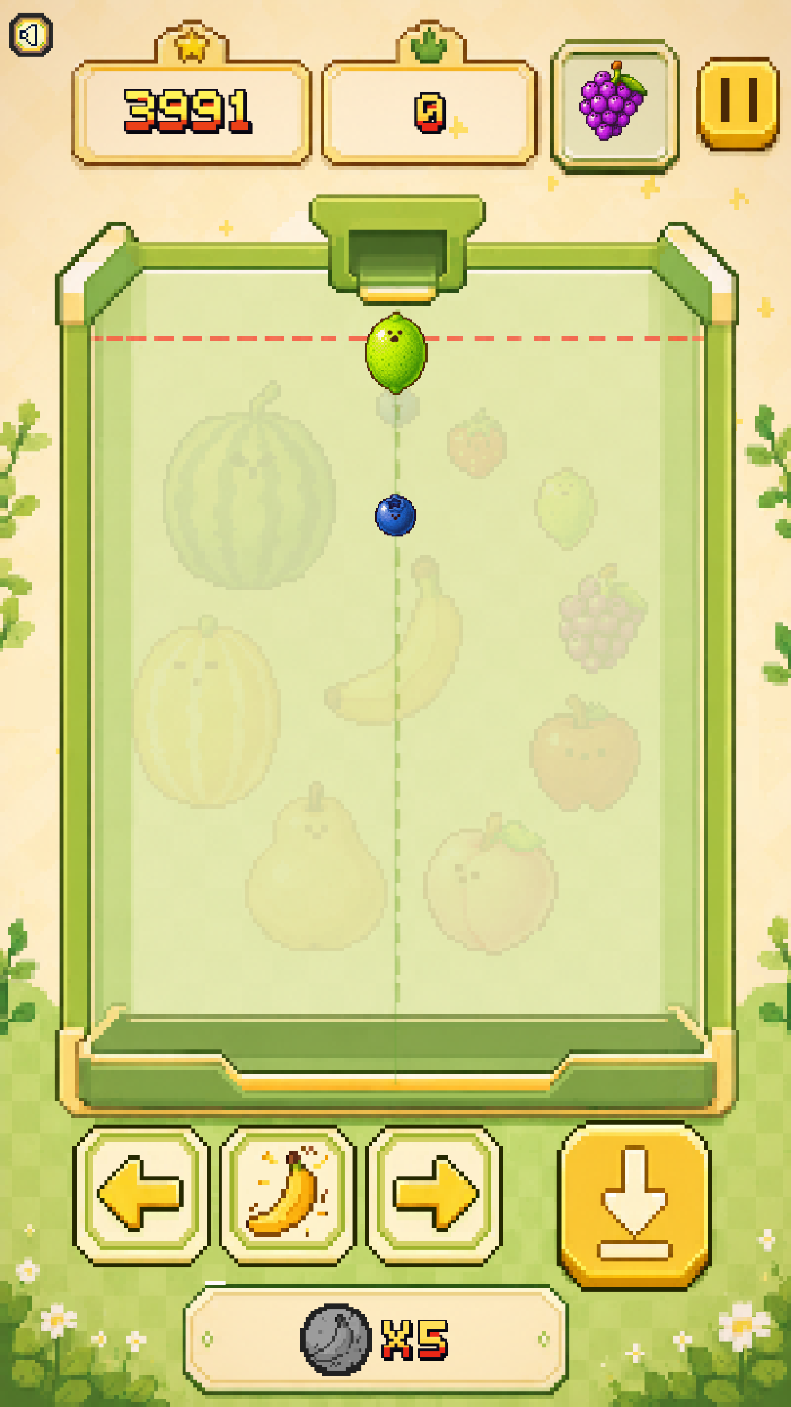 An early Banana Game board showing the red deadline, next fruit, movement buttons, shake button, and fast-drop button